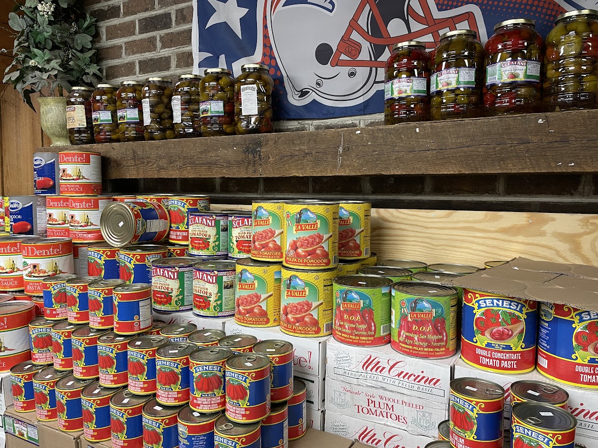 Shelves of pasta sauces and Italian pantry staples at Lee's