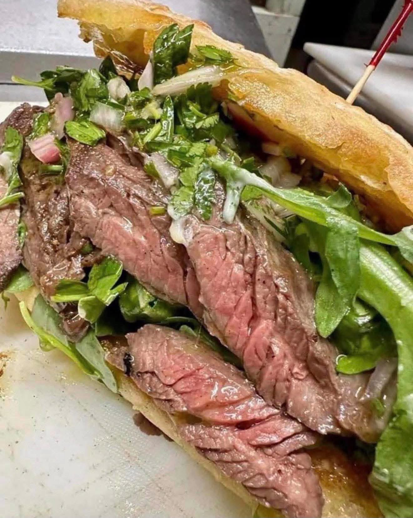 Prime steak, garlic aioli, baby arugula, fresh made Chimichurri on a toasted ciabatta. 