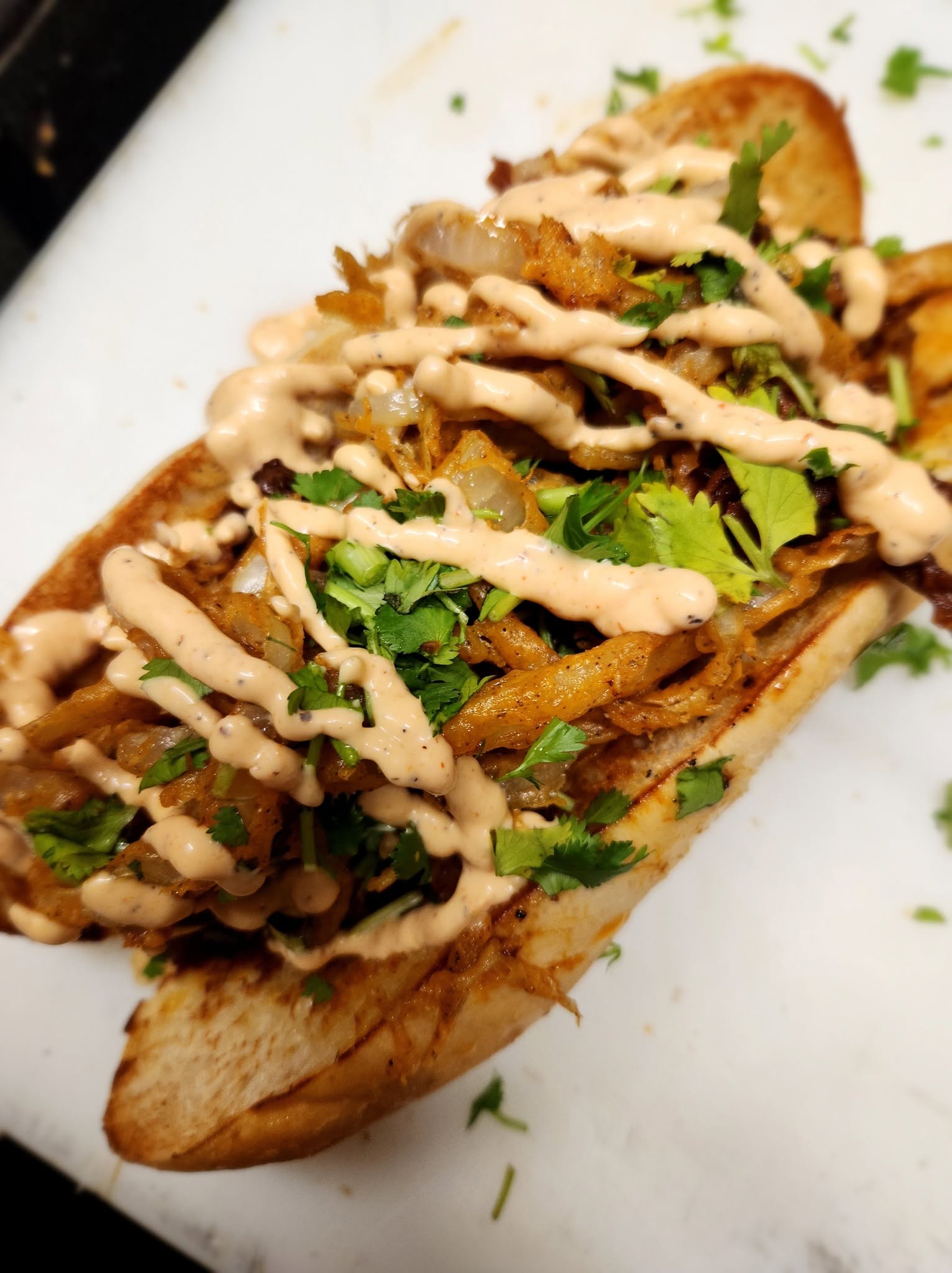 Pork belly burnt ends, crispy fried onions, candied jalapeños, creamy BBQ sauce, topped with fresh cilantro, on a toasted hoagie roll!